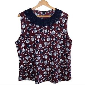 Ann Taylor | Navy Burgundy White Floral Print Tank Blouse Pleated Collar Size XL
